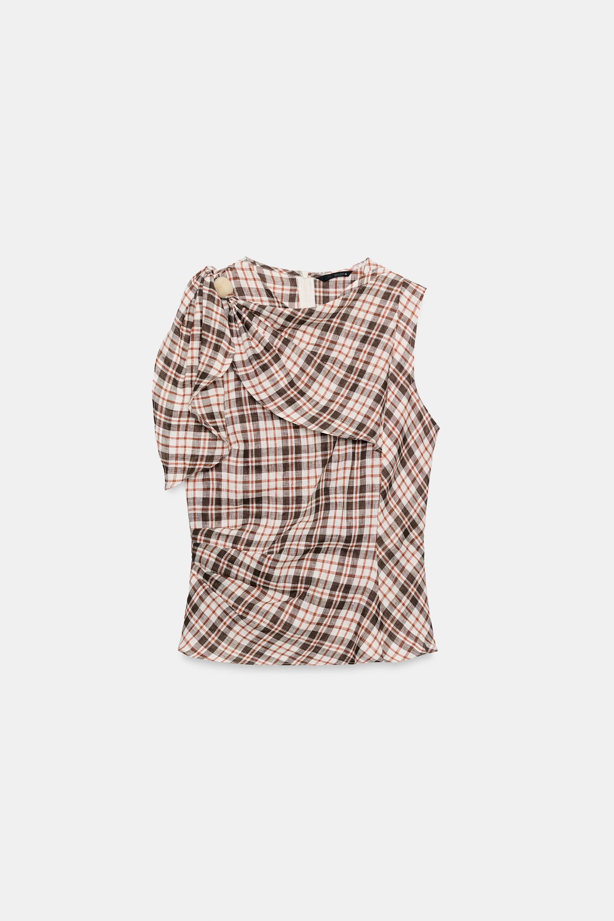 100% LINEN PLAID TOP